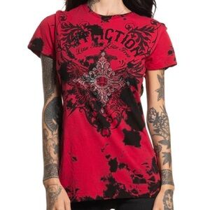 Affliction Women's XS Antonia Red and Black Cross & Angel Wing Graphic Tee